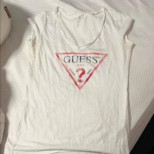 Guess White Short Sleeve Tee with Pink-Red Logo